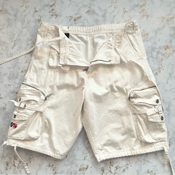 90s Y2K PARISH “SEAS THE DAY” WHITE NAUTICAL CARGO SHORTS. Sz38 - Picture 5 of 10